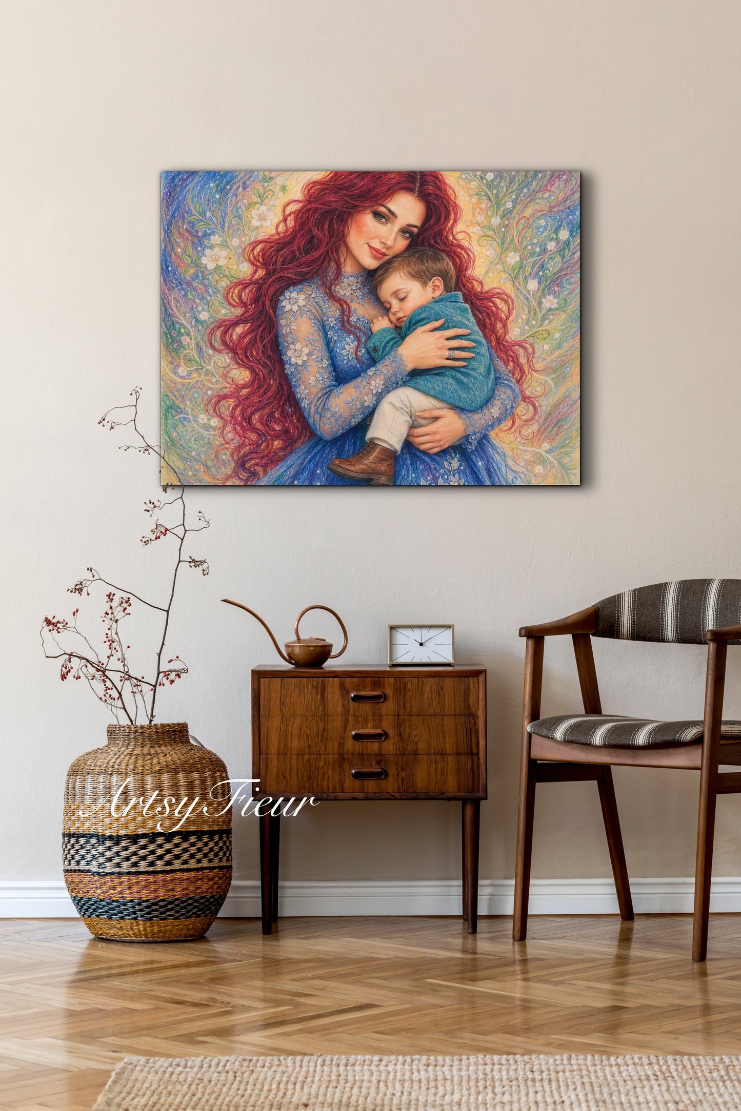 Framed canvas- ready to hang wall art print, vibrant colours crayon drawing abstract portrait mother and son, mother and baby boy, dark hair beautiful red hair woman , mothers day gilt, unique original artwork