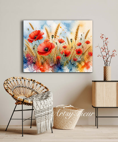 Framed Canvas Print- Vibrant Wildflowers and Poppies Oil Painting Textured Wall Art , Beautiful Original Artwork Ready to Hang Living Room, Floral