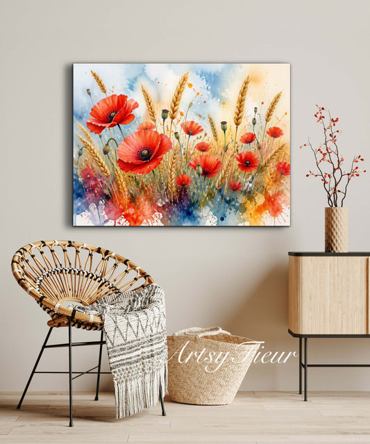 Framed Canvas Print- Vibrant Wildflowers and Poppies Oil Painting Textured Wall Art , Beautiful Original Artwork Ready to Hang Living Room, Floral