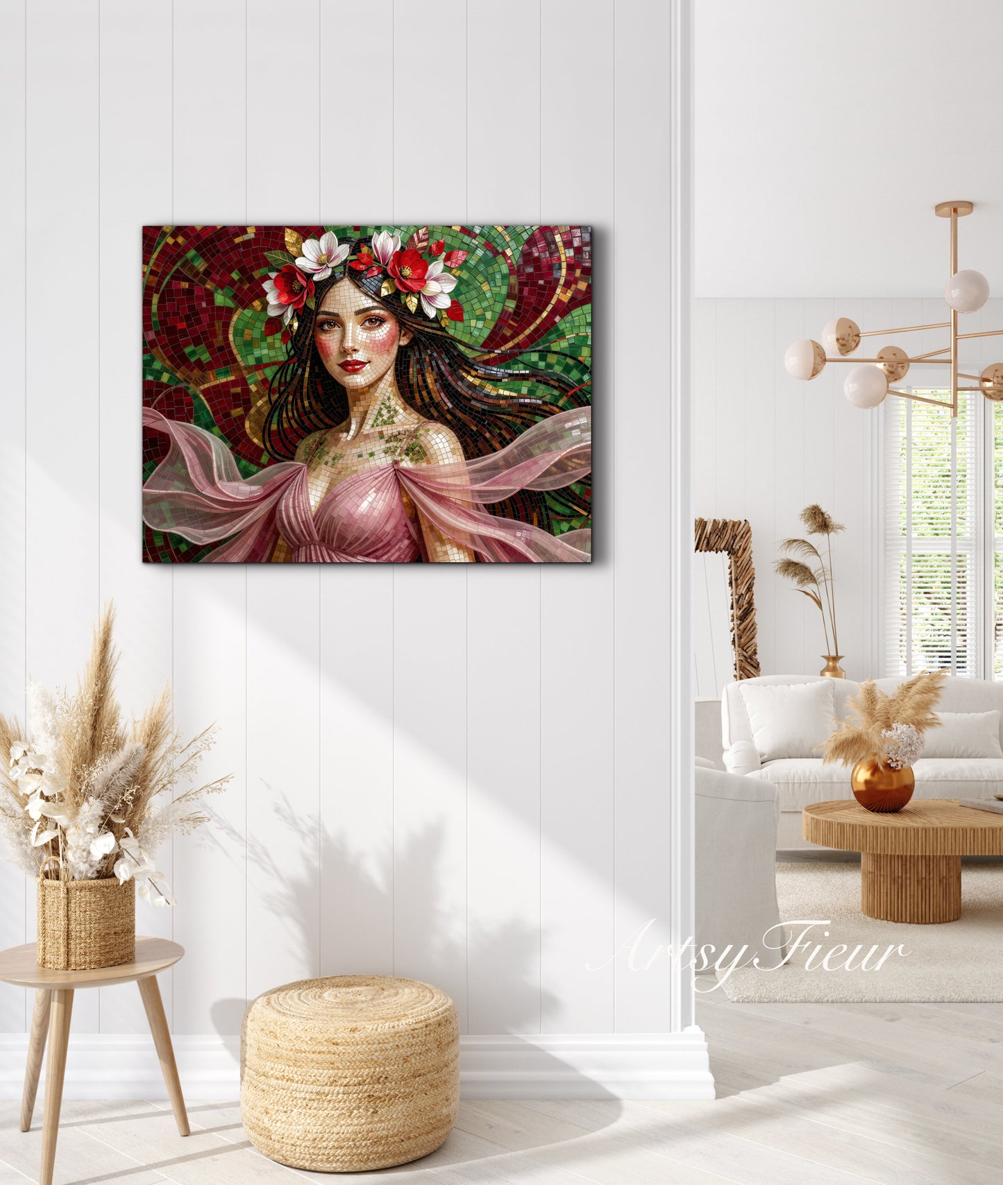 Framed Canvas- Vibrant Magnolia Flowers Beautiful Brunette Woman’s Abstract Portrait Mosaic Original Artwork Fantasy Wall Art Print