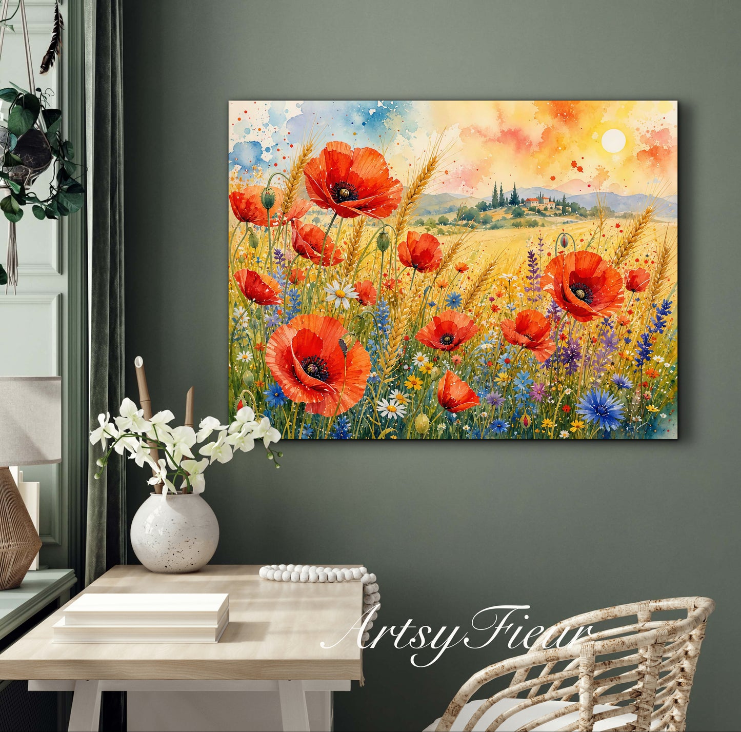 Framed Canvas Print- Vibrant Wildflowers and Poppies Oil Painting Textured Wall Art , Beautiful Original Artwork Ready to Hang Living Room, Floral
