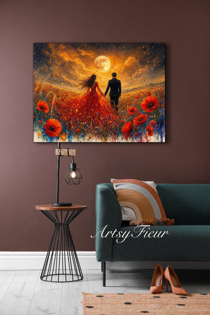 Framed canvas- whimsical full moon sunset -bride and groom, wedding gift, fantasy oil painting bedroom wall art print floral poppies field colourful vibrant colours