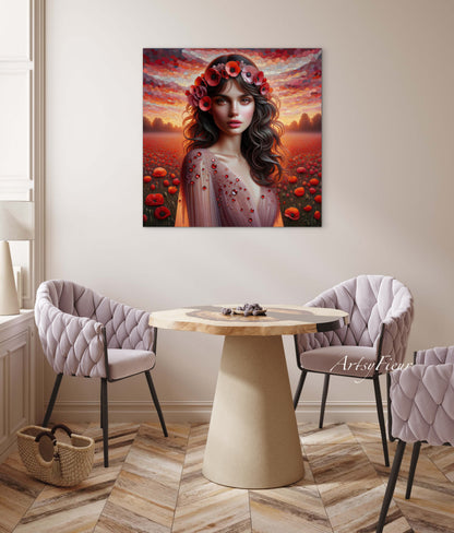 Framed canvas- Original Artwork Vibrant Poppies watercolour floral painting beautiful brunette woman ready to hang wall art print, abstract portrait