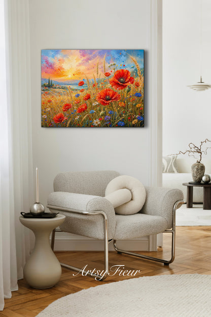 Framed Canvas Print- Vibrant Wildflowers and Poppies Oil Painting Textured Wall Art , Beautiful Original Artwork Ready to Hang Living Room, Floral