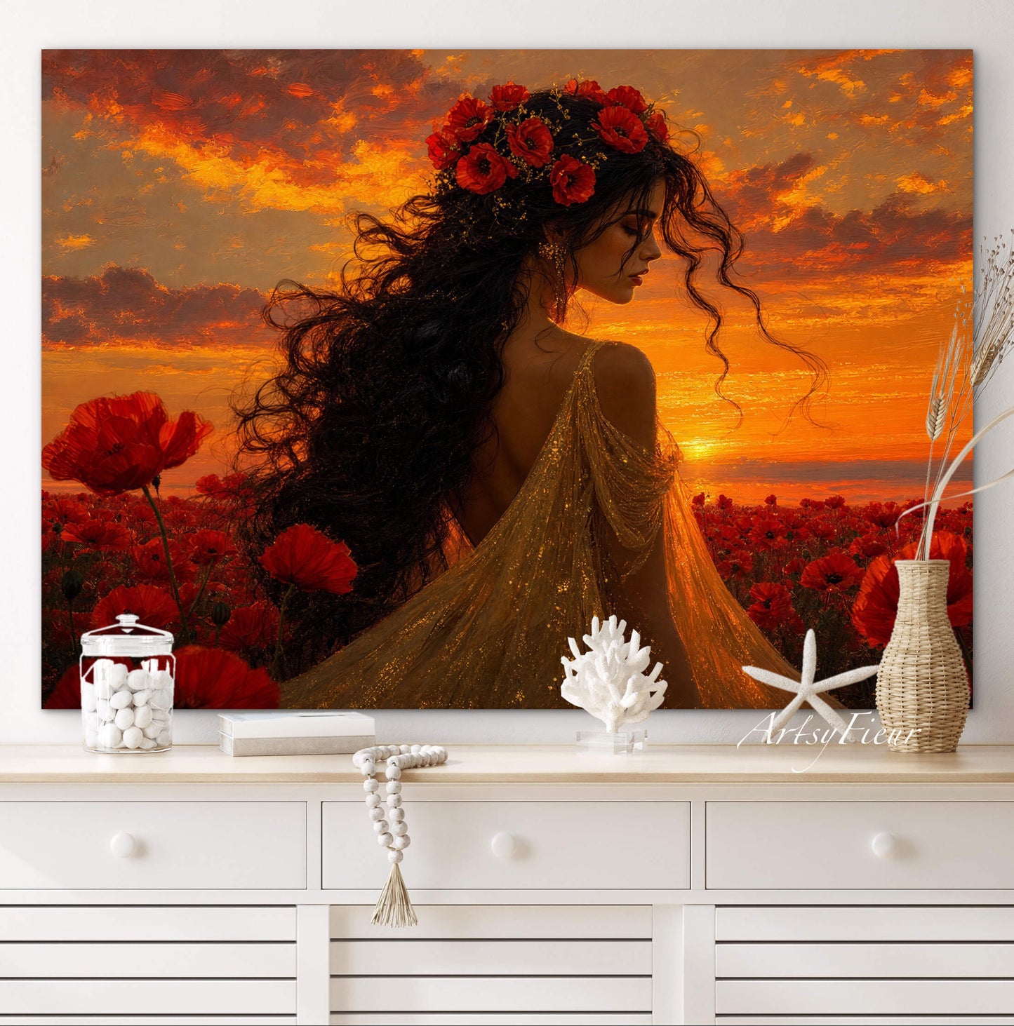 Framed Canvas - Vibrant Poppies Whimsical Full Moon Bride in Poppy Field, Wall Art Ready to hang Oil Painting Original Artwork Print