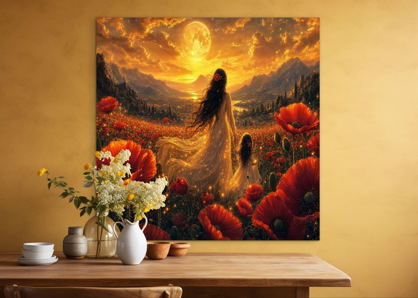 Framed Canvas- Vibrant Poppies Field Bride Mother and Daughter Portrait Whimsical Full Moon Sunset Fantasy Oil Painting Wall Art Print