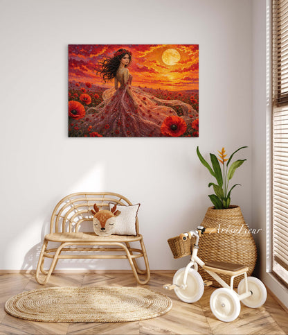 Framed Canvas - Vibrant Poppies Whimsical Full Moon Bride in Poppy Field, Wall Art Ready to hang Oil Painting Original Artwork Print