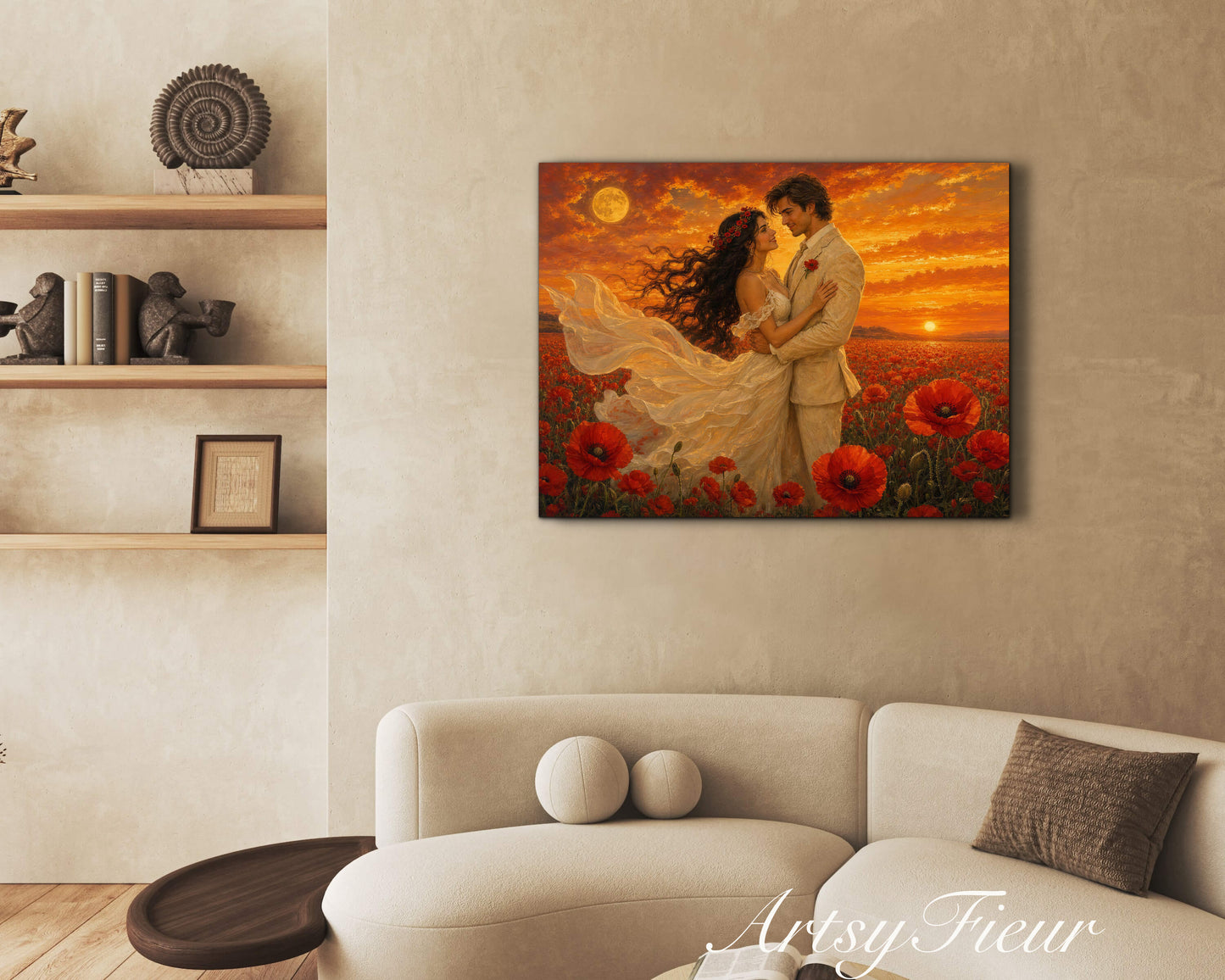 Framed canvas- whimsical full moon sunset bride and groom, wedding, poppy field, vibrant colours living room original artwork, fantasy oil painting wall art print