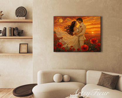 Framed canvas- whimsical full moon sunset bride and groom, wedding, poppy field, vibrant colours living room original artwork, fantasy oil painting wall art print