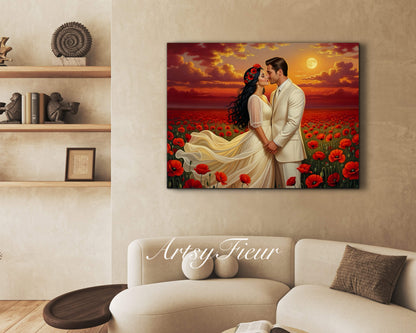 Framed canvas- whimsical full moon sunset bride and groom, wedding, poppy field, vibrant colours living room original artwork, fantasy oil painting wall art print