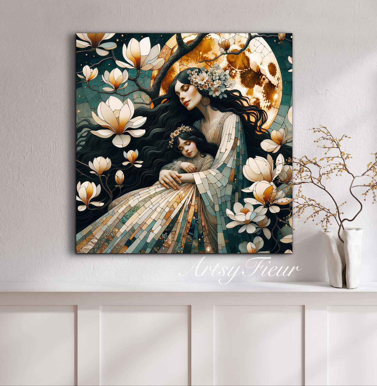 Framed canvas- ready to hang wall art print, abstract mother and daughter portrait Mosaic Magnolia Flowers Whimsical Full Moon