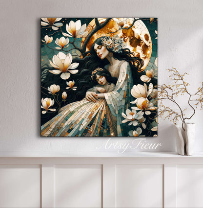 Framed canvas- ready to hang wall art print, abstract mother and daughter portrait Mosaic Magnolia Flowers Whimsical Full Moon