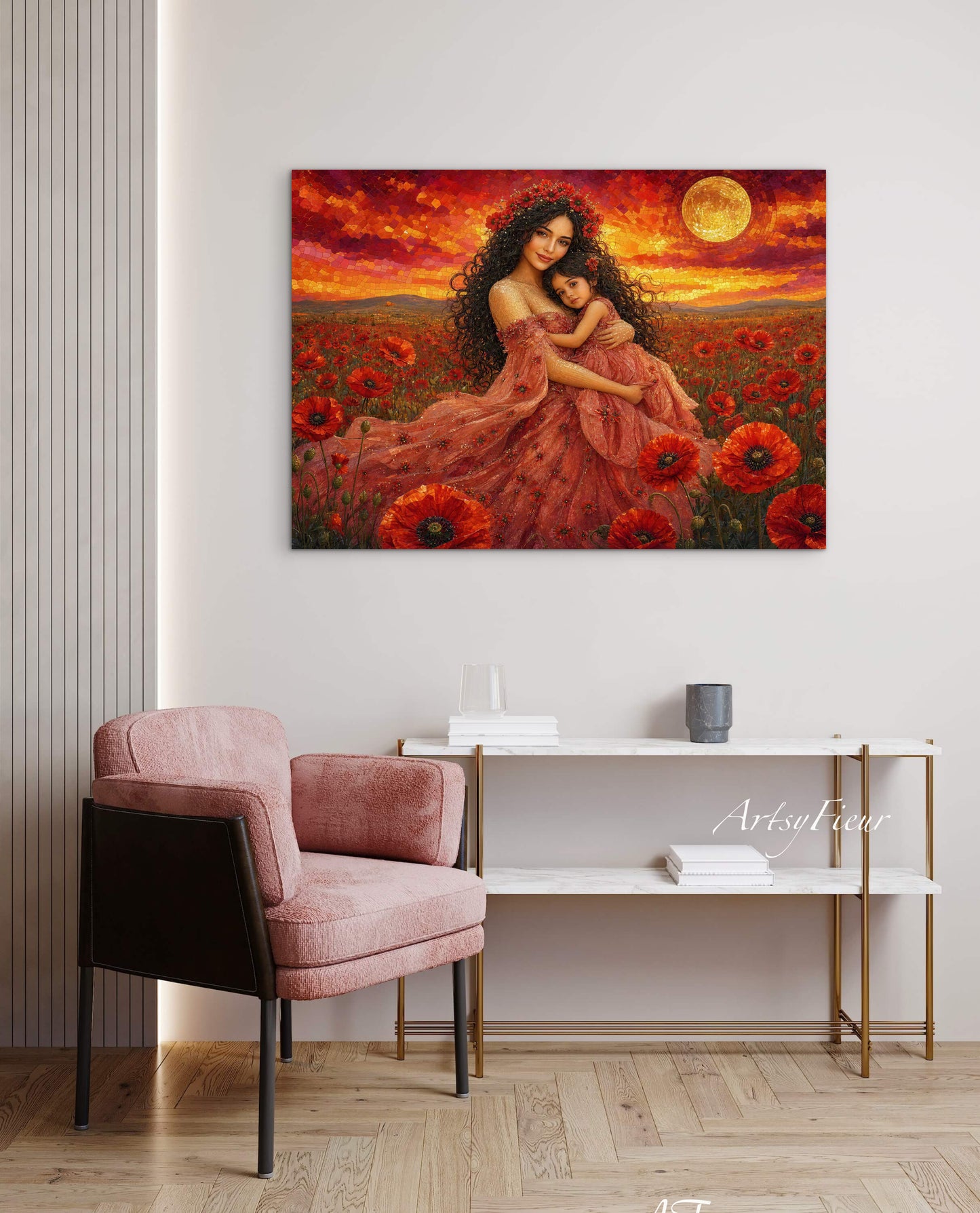 Framed Canvas- Vibrant Poppies Field Mother and Daughter Portrait Whimsical Full Moon Sunset Fantasy Oil Painting Wall Art Print