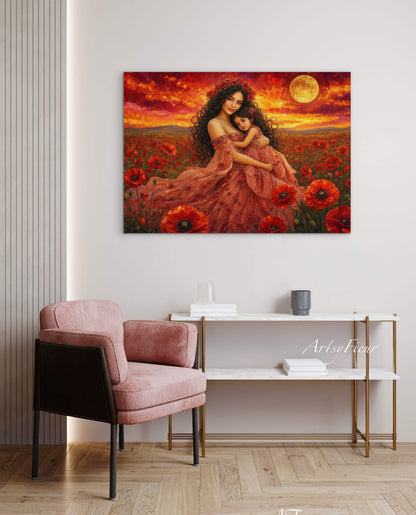 Framed Canvas- Vibrant Poppies Field Mother and Daughter Portrait Whimsical Full Moon Sunset Fantasy Oil Painting Wall Art Print
