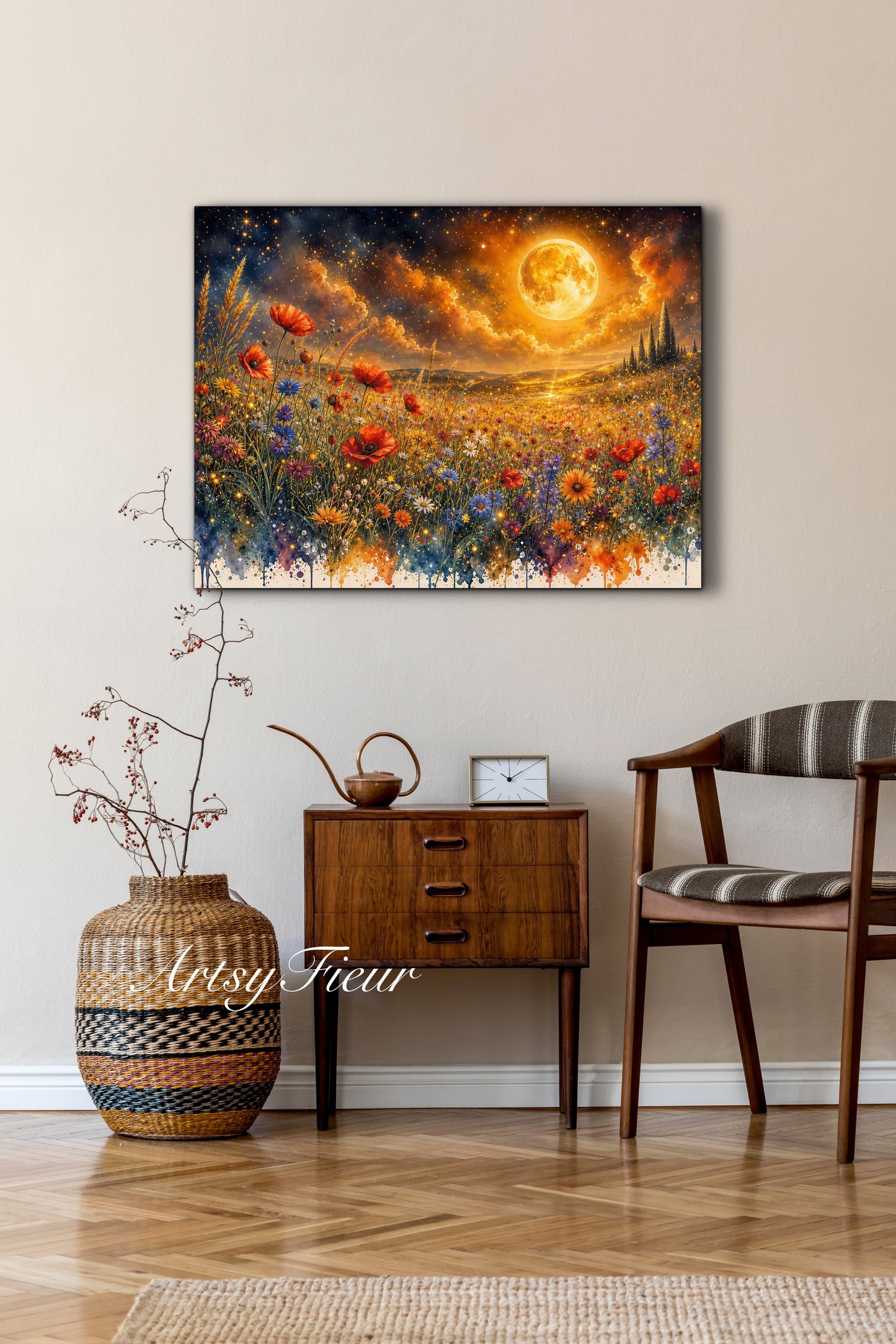 Framed Canvas Print- Vibrant Wildflowers and Poppies Oil Painting Textured Wall Art , Beautiful Original Artwork Ready to Hang Living Room, Floral