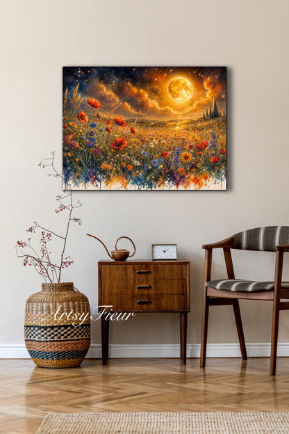 Framed Canvas Print- Vibrant Wildflowers and Poppies Oil Painting Textured Wall Art , Beautiful Original Artwork Ready to Hang Living Room, Floral