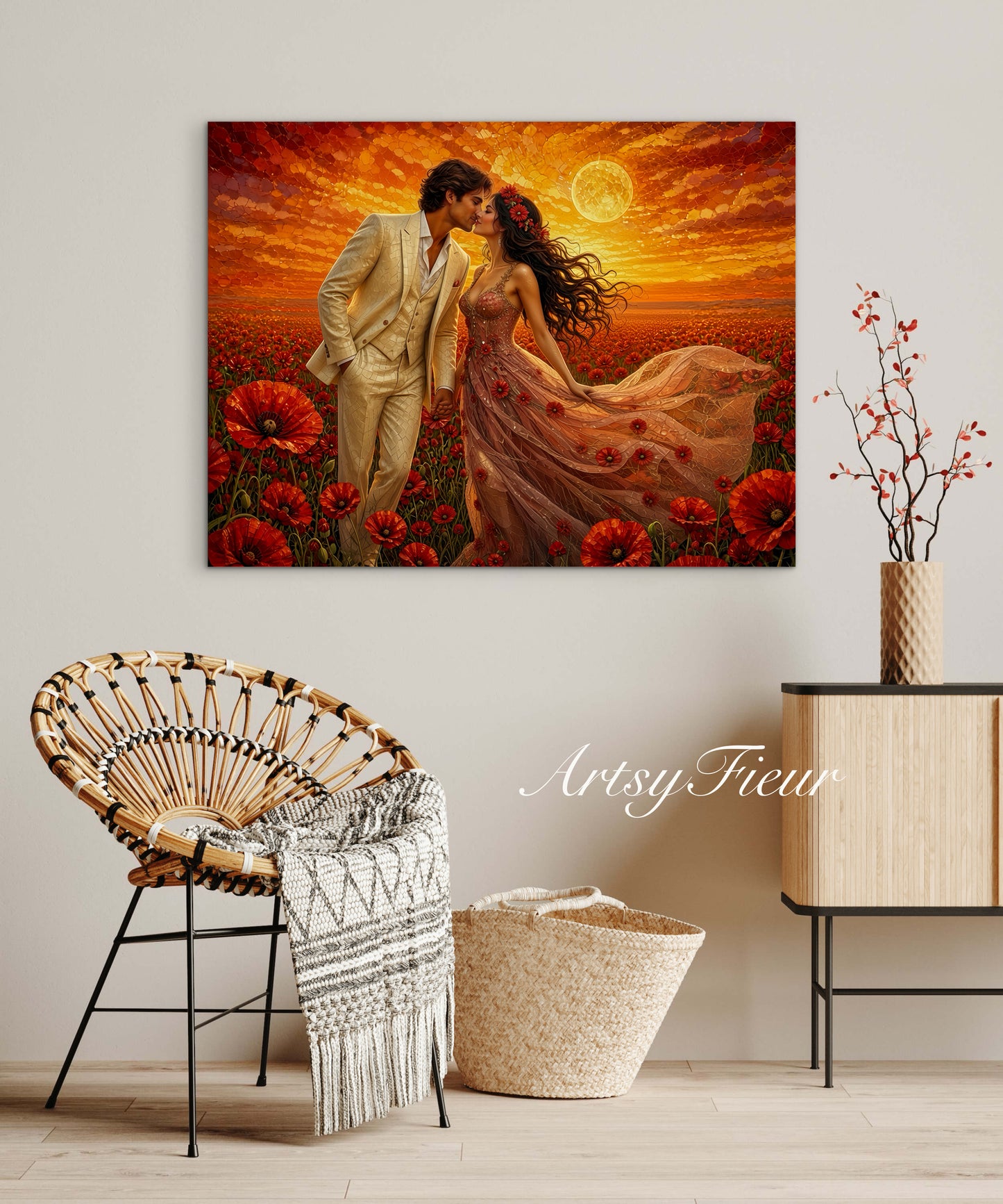 Framed canvas- whimsical full moon sunset bride and groom, wedding, poppy field, vibrant colours living room original artwork, fantasy oil painting wall art print
