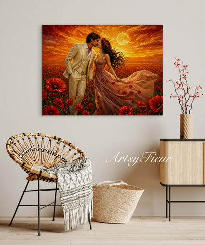 Framed canvas- whimsical full moon sunset bride and groom, wedding, poppy field, vibrant colours living room original artwork, fantasy oil painting wall art print