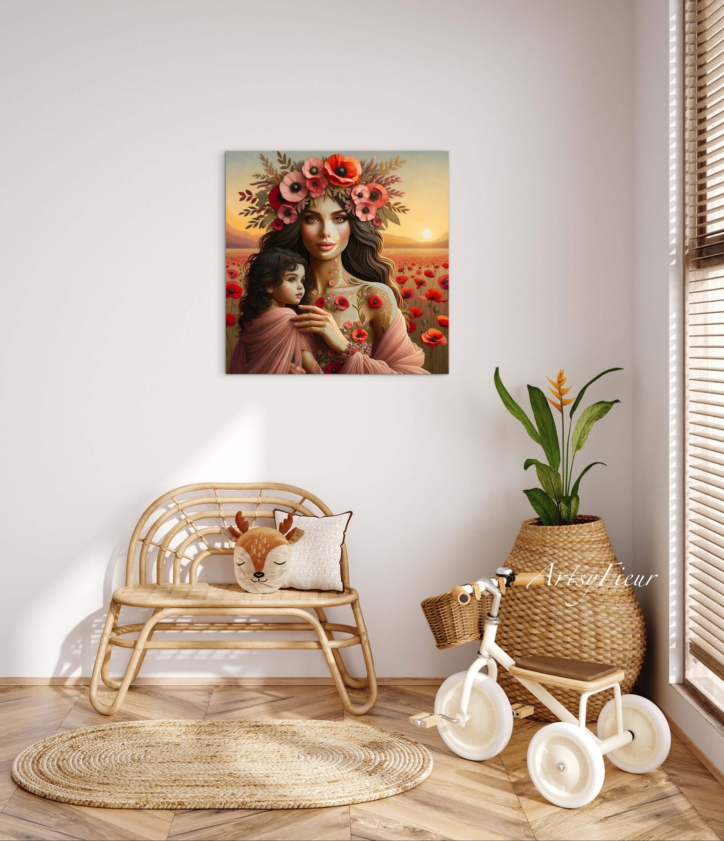 Framed Canvas- Vibrant Poppies Mother and Daughter Portrait Whimsical Full Moon Sunset Fantasy Oil Painting Wall Art Print
