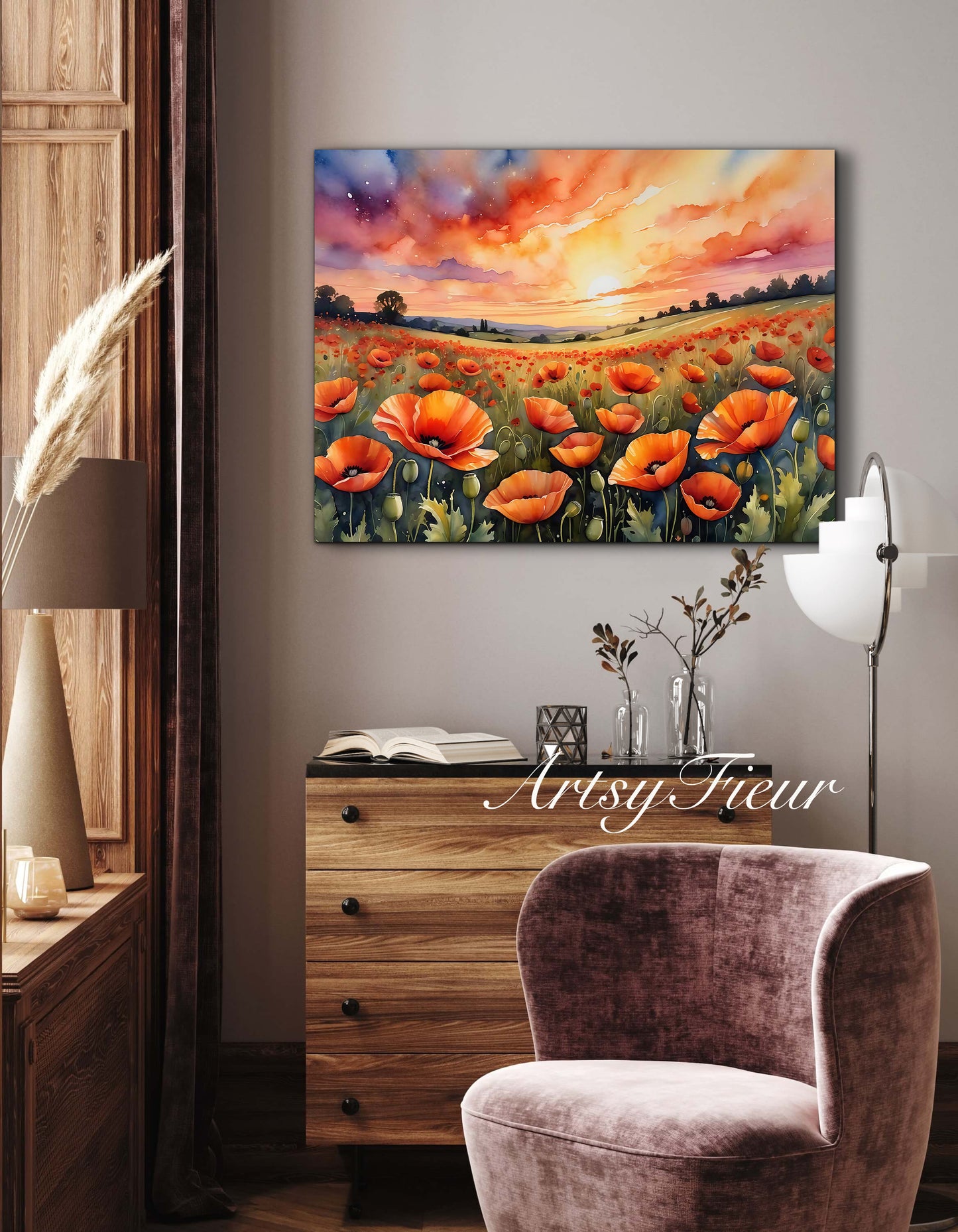 Framed canvas- ready to hand wall art print, beautiful vibrant colours watercolour fantasy painting poppy field at sunset flowers , floral field landscape, unique gift,  one of a kind original artwork