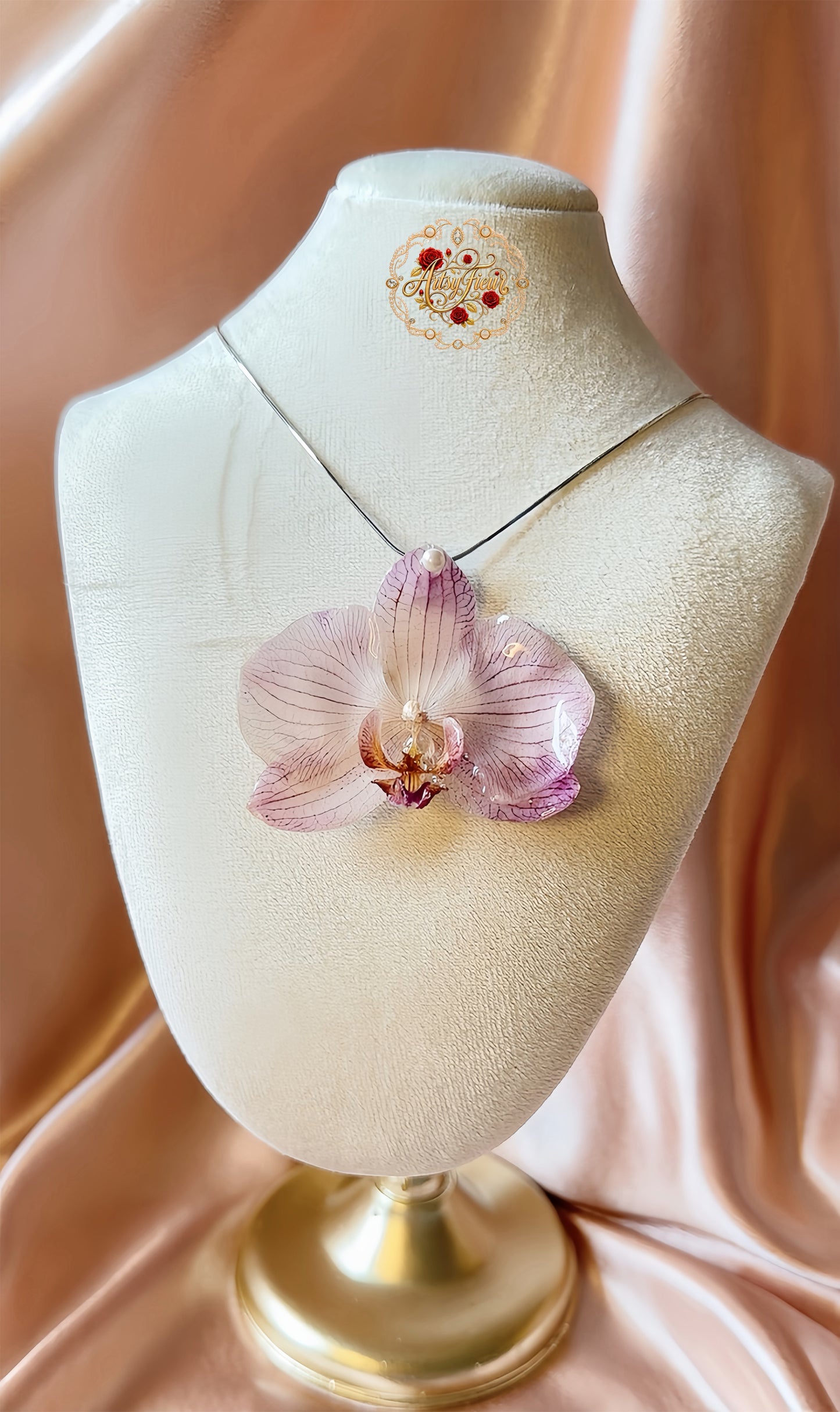 *REAL FLOWER Orchid Necklace Preserved Flower Pendant in Resin 3D White Purple Striped Orchid Pearl Smooth Snake Chain