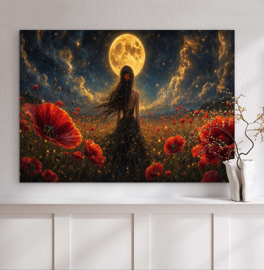 Framed Canvas - Vibrant Poppies Whimsical Full Moon Bride in Poppy Field, Wall Art Ready to hang Oil Painting Original Artwork Print Black Wedding Dress