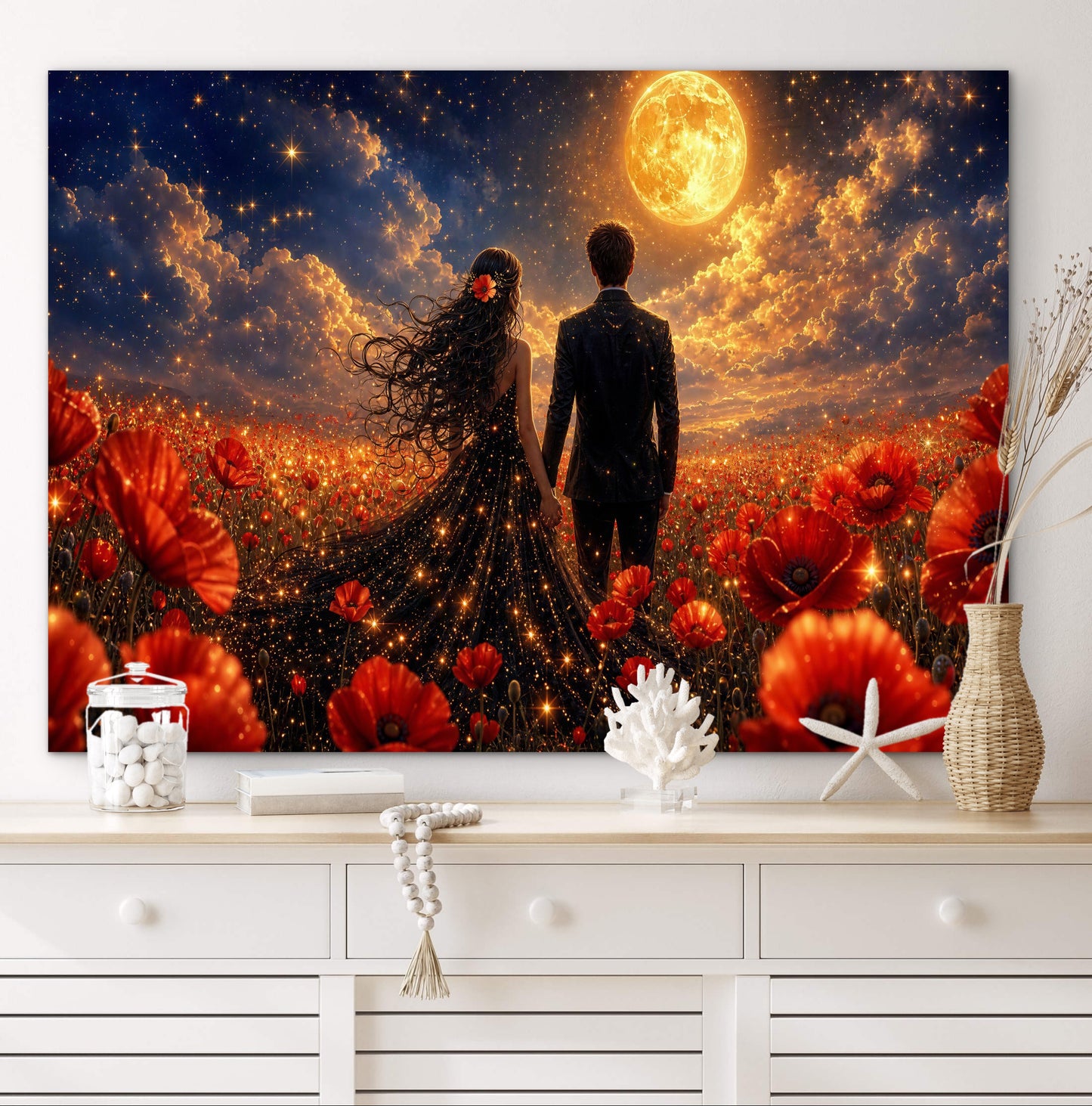 Framed canvas- whimsical full moon sunset bride and groom, black wedding dress poppy field, vibrant colours living room original artwork, fantasy oil painting wall art print
