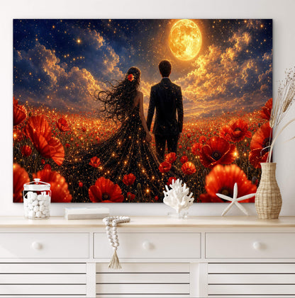 Framed canvas- whimsical full moon sunset bride and groom, black wedding dress poppy field, vibrant colours living room original artwork, fantasy oil painting wall art print
