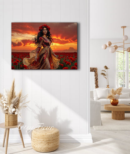 Framed Canvas - Vibrant Poppies Whimsical Sunset Beautiful Brunette in Poppy Field, Wall Art Ready to hang Oil Painting Original Artwork Print