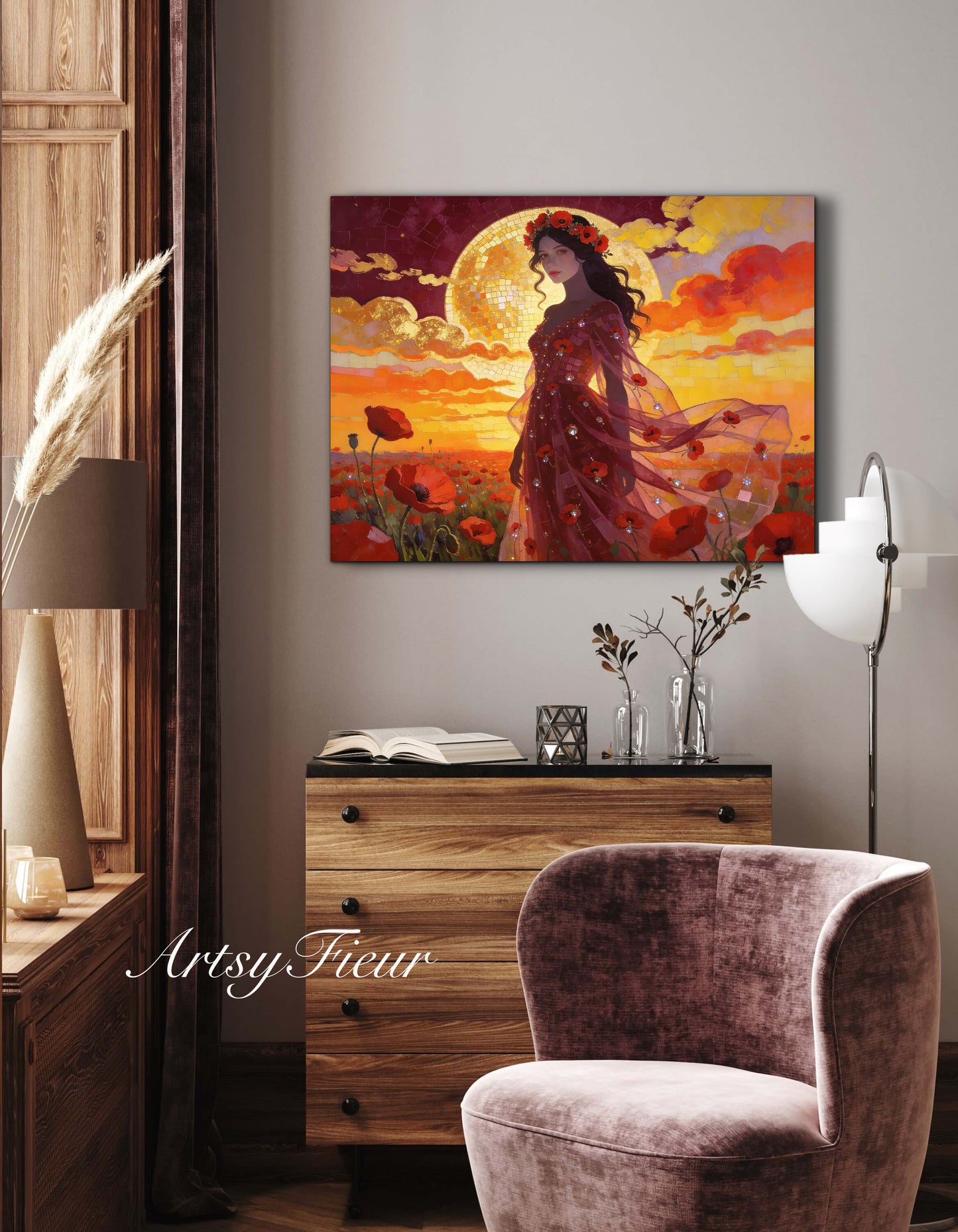 Framed Canvas - Vibrant Poppies Whimsical Full Moon Beautiful Brunette Woman in the Poppy Field, Wall Art Ready to hang Oil Painting Original Artwork Print