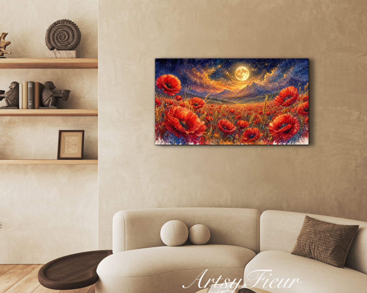 ArtsyFieur Framed Canvas - vibrant poppies whimsical lights full moon living room colourful wall art