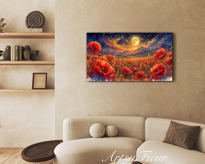 ArtsyFieur Framed Canvas - vibrant poppies whimsical lights full moon living room colourful wall art