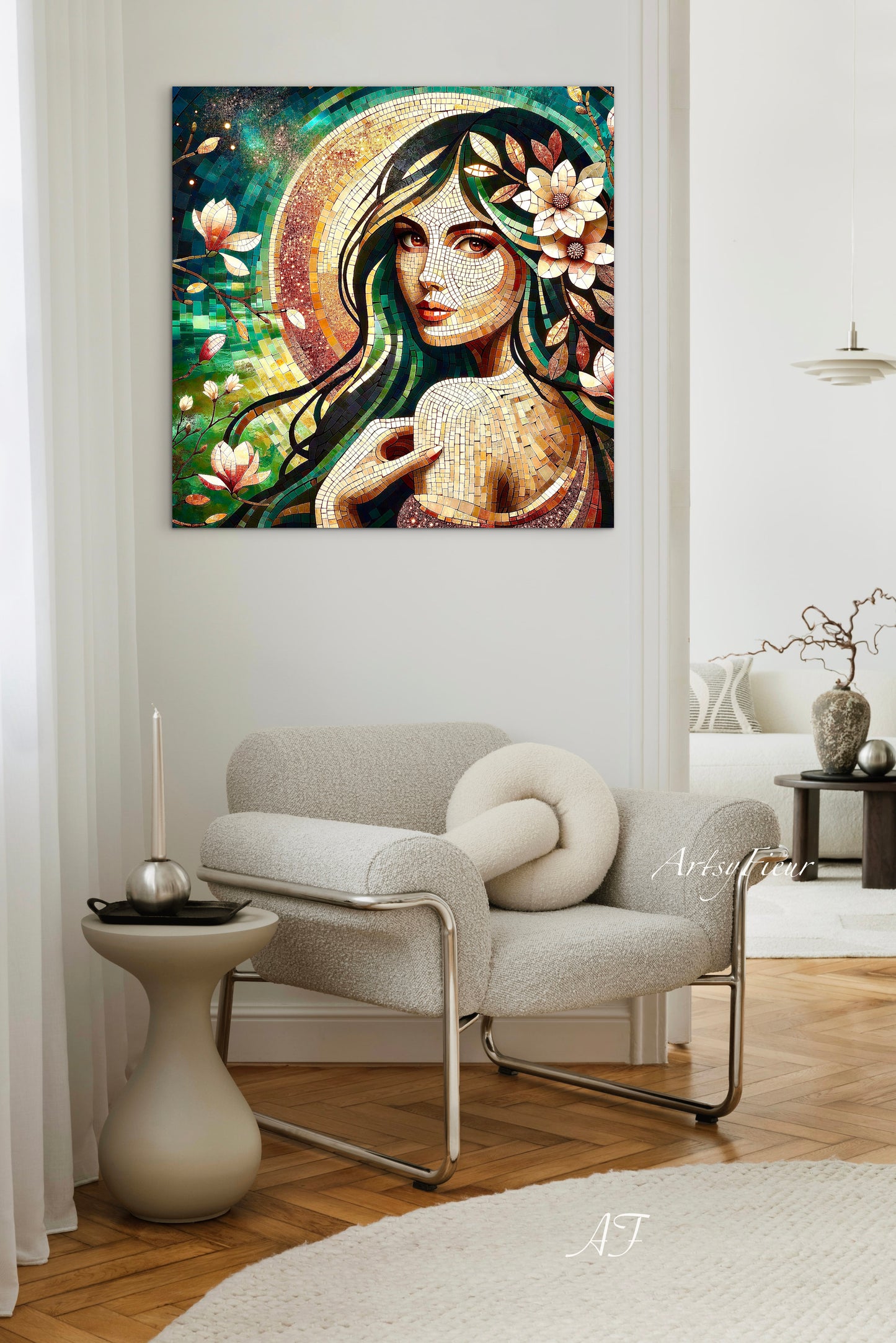 Framed canvas- Original Artwork Vibrant Magnolia Flowers Mosaic Portrait Beautiful Brunette Woman Wall Art Print