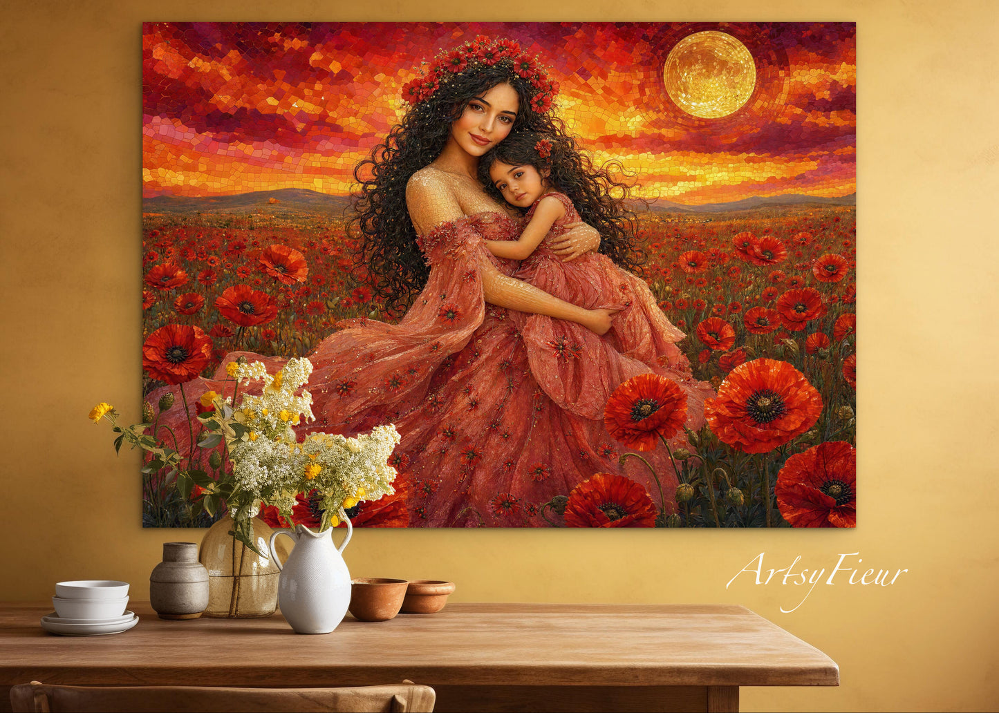 Framed Canvas- Vibrant Poppies Field Mother and Daughter Portrait Whimsical Full Moon Sunset Fantasy Oil Painting Wall Art Print