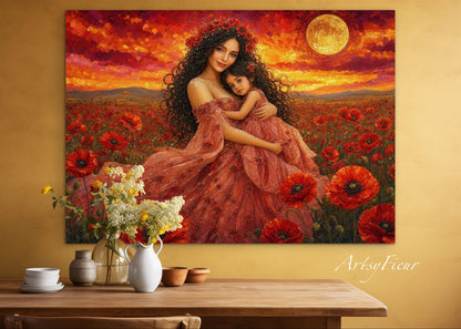 Framed Canvas- Vibrant Poppies Field Mother and Daughter Portrait Whimsical Full Moon Sunset Fantasy Oil Painting Wall Art Print