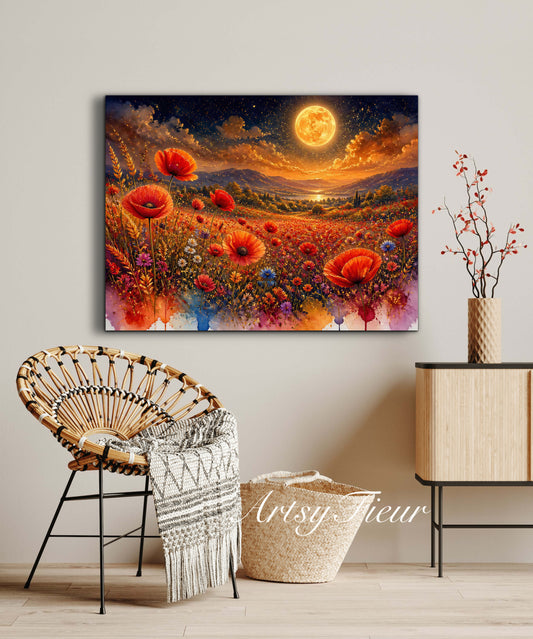Framed Canvas Print- Vibrant Wildflowers and Poppies Oil Painting Textured Wall Art , Beautiful Original Artwork Ready to Hang Living Room, Floral
