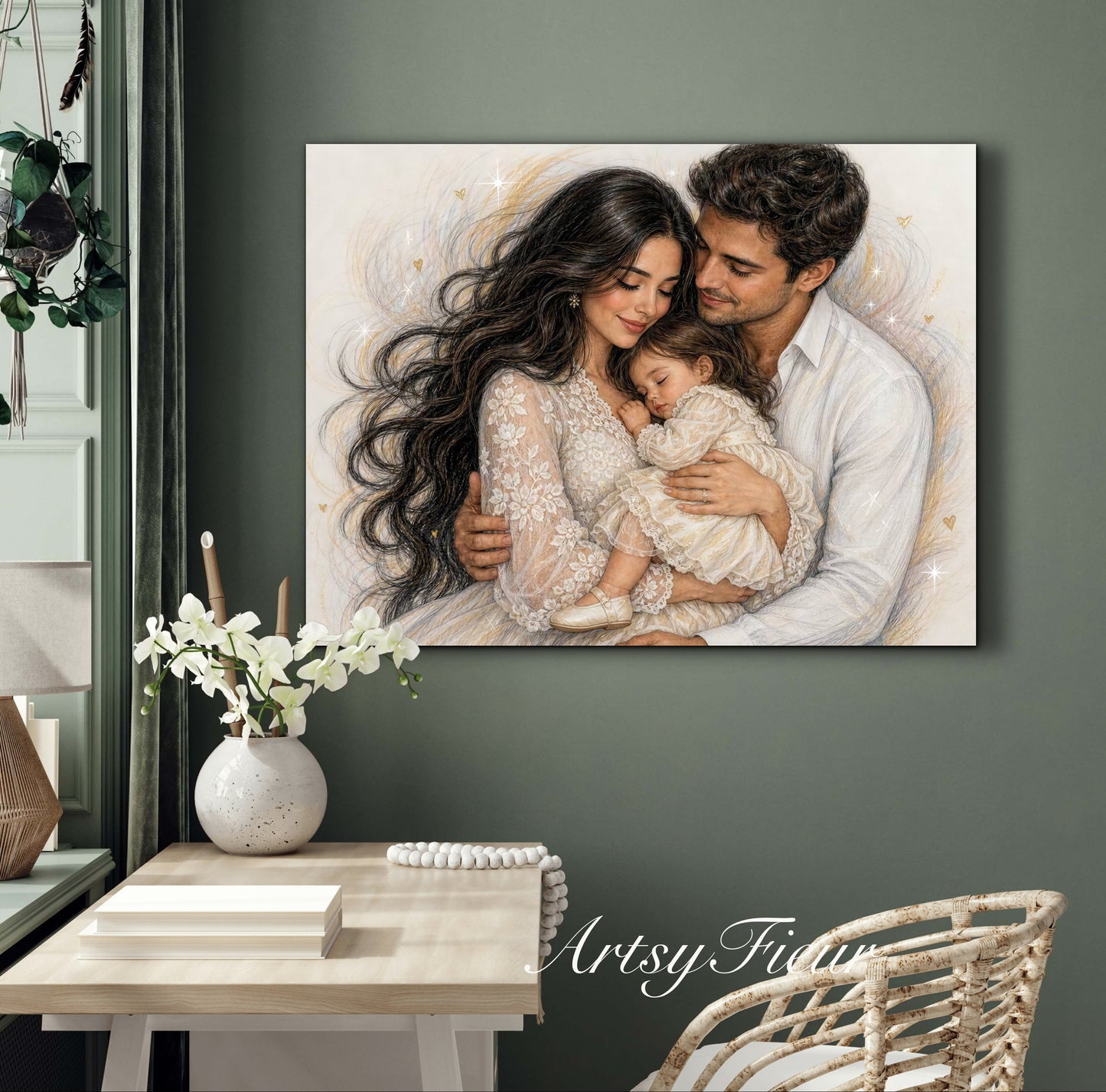 Framed Canvas- Vibrant Mother and Daughter Dad Family Portrait Fantasy Drawing Wall Art Print