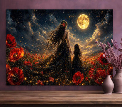 Framed Canvas- Vibrant Poppies Field Mother and Daughter Portrait Whimsical Full Moon Sunset Fantasy Oil Painting Wall Art Print