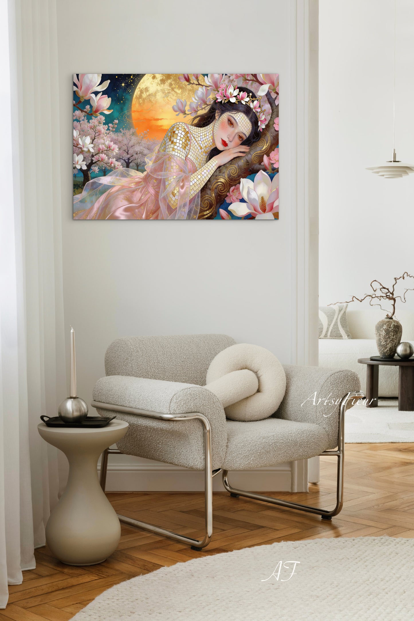 Framed Canvas- Vibrant Magnolia Flowers Beautiful Brunette Woman’s Abstract Portrait Mosaic Original Artwork Fantasy Wall Art Print