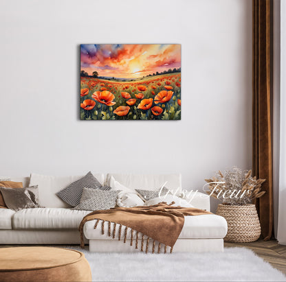 Framed canvas- ready to hand wall art print, beautiful vibrant colours watercolour fantasy painting poppy field at sunset flowers , floral field landscape, unique gift,  one of a kind original artwork