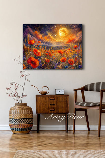 Framed Canvas Print- Vibrant Wildflowers and Poppies Oil Painting Textured Wall Art , Beautiful Original Artwork Ready to Hang Living Room, Floral