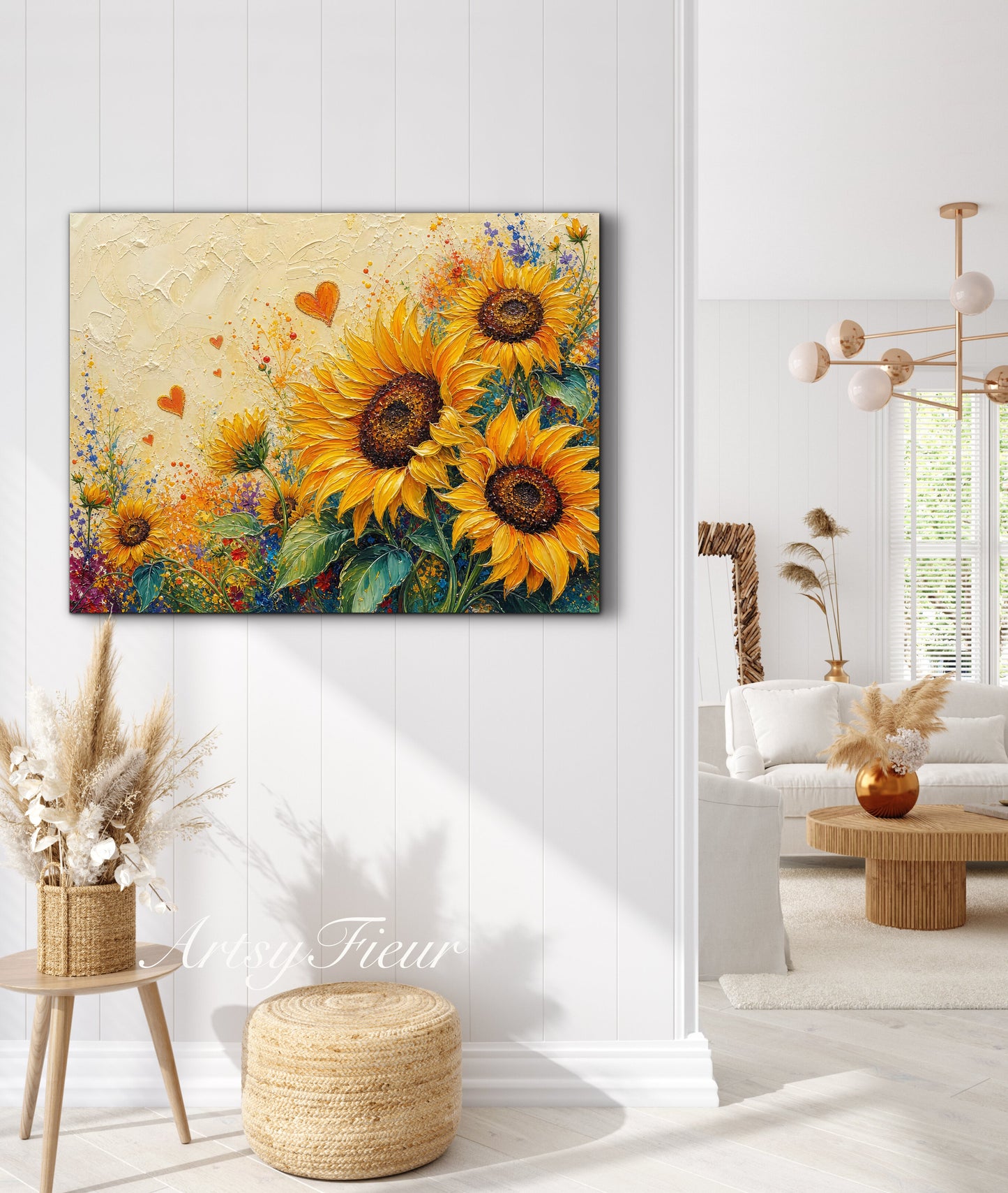 Framed Canvas Print- Vibrant Wildflowers and sunflowers Oil Painting Textured Wall Art , Beautiful Original Artwork Ready to Hang Living Room, Floral