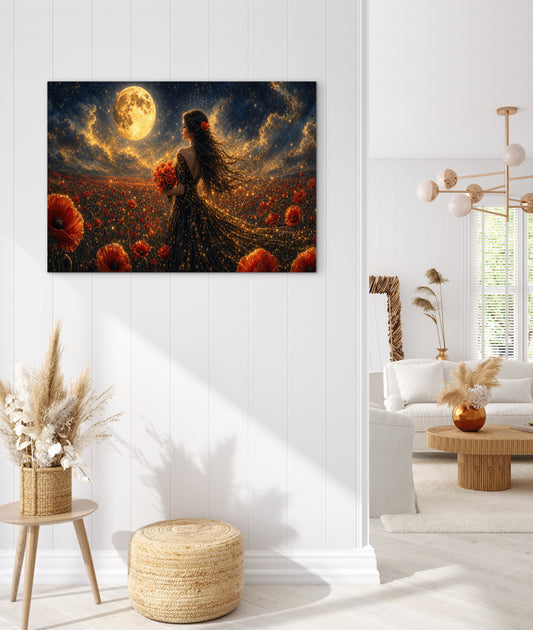Framed Canvas - Vibrant Poppies Whimsical Full Moon Bride in Poppy Field, Wall Art Ready to hang Oil Painting Original Artwork Print Black Wedding Dress