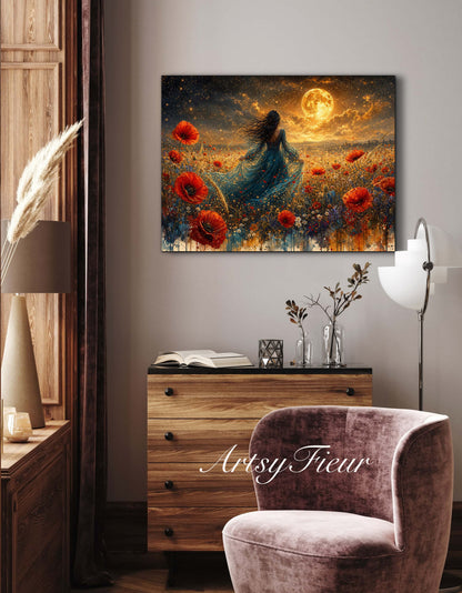 Framed Canvas - Vibrant poppies and wildflowers Whimsical Full Moon starry night sky Bride in Poppy Field, Wall Art Ready to hang original Artwork Print Blue Dress