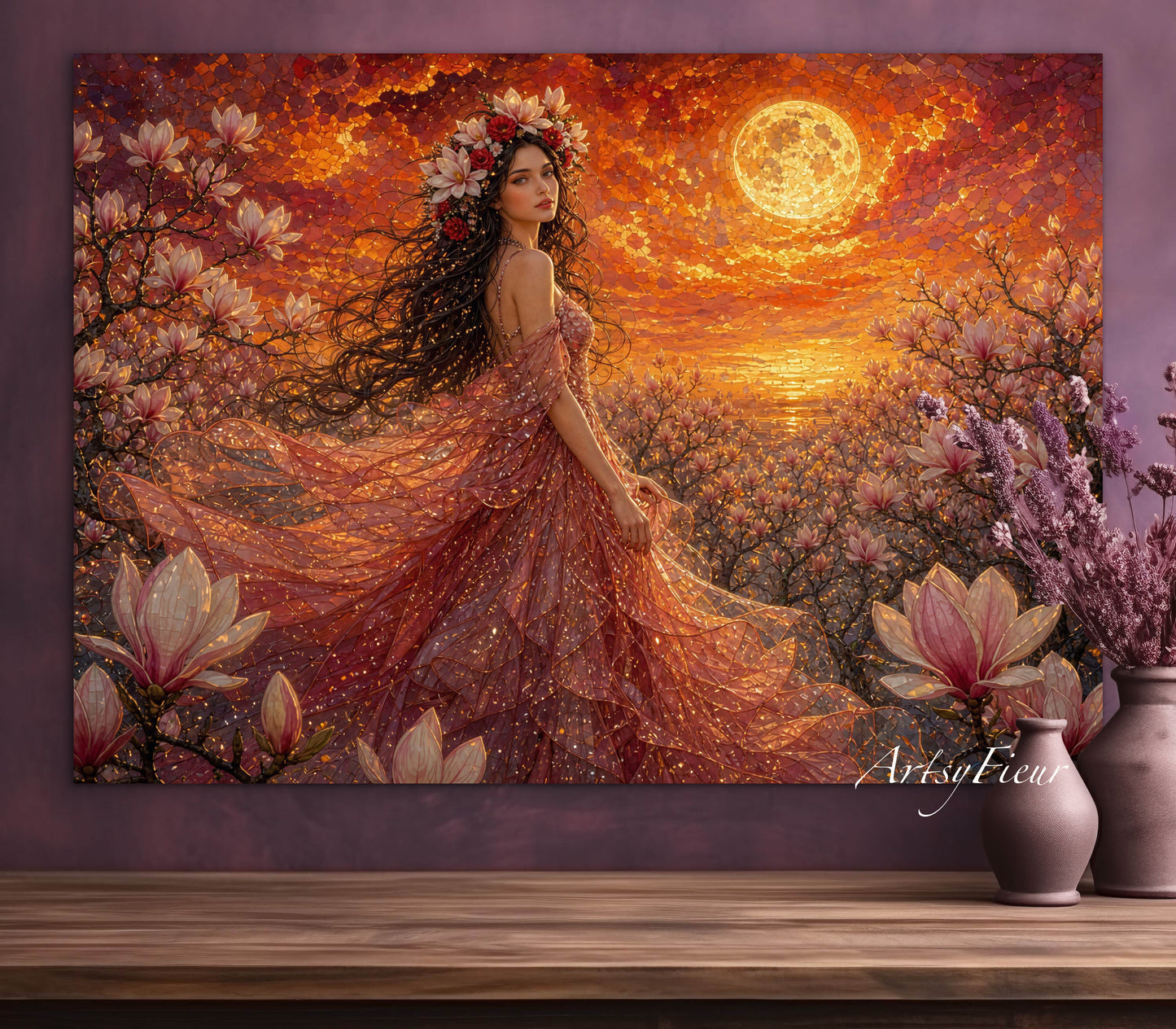 Framed Canvas- Vibrant Magnolia Flowers Beautiful Brunette Woman’s Abstract Portrait Mosaic Original Artwork Fantasy Wall Art Print