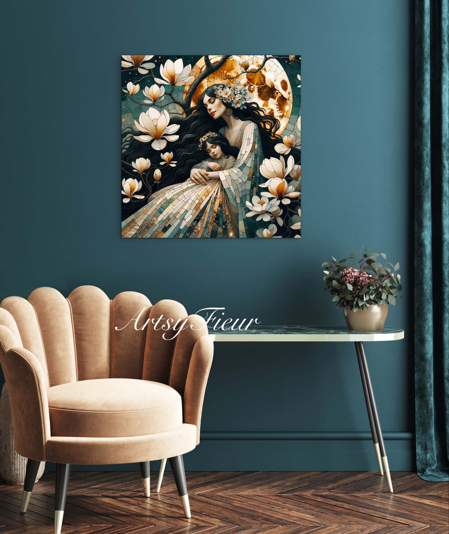 Framed canvas- ready to hang wall art print, abstract mother and daughter portrait Mosaic Magnolia Flowers Whimsical Full Moon
