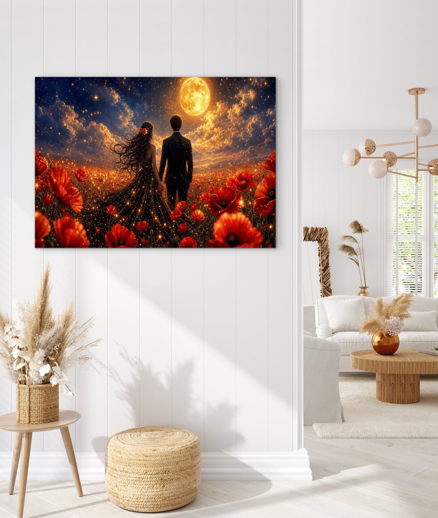 Framed canvas- whimsical full moon sunset bride and groom, black wedding dress poppy field, vibrant colours living room original artwork, fantasy oil painting wall art print