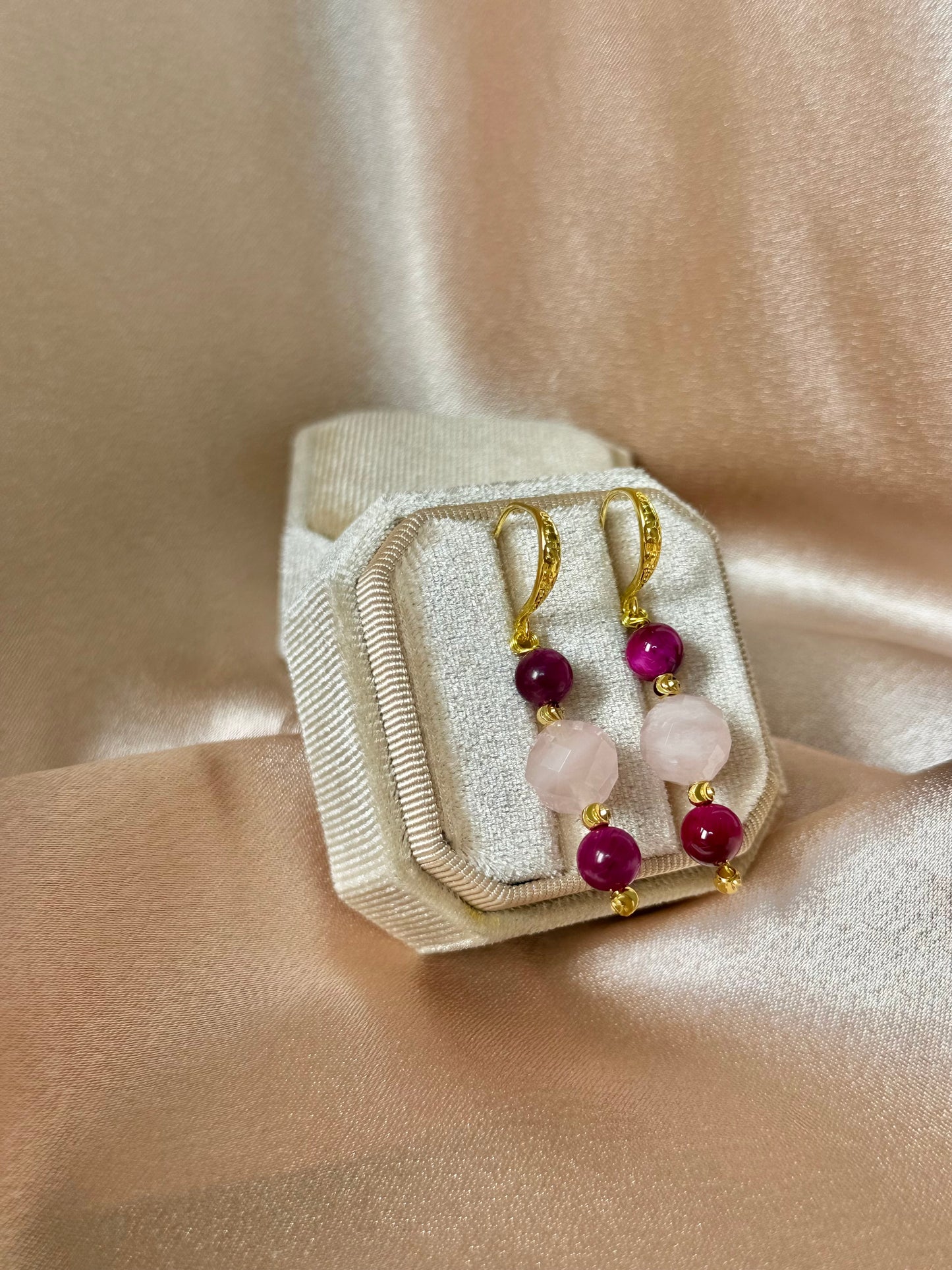 Handmade Rose Quartz Earrings Pink Tigers Eye Gemstone Long Drop Dangle Earrings Hypoallergenic