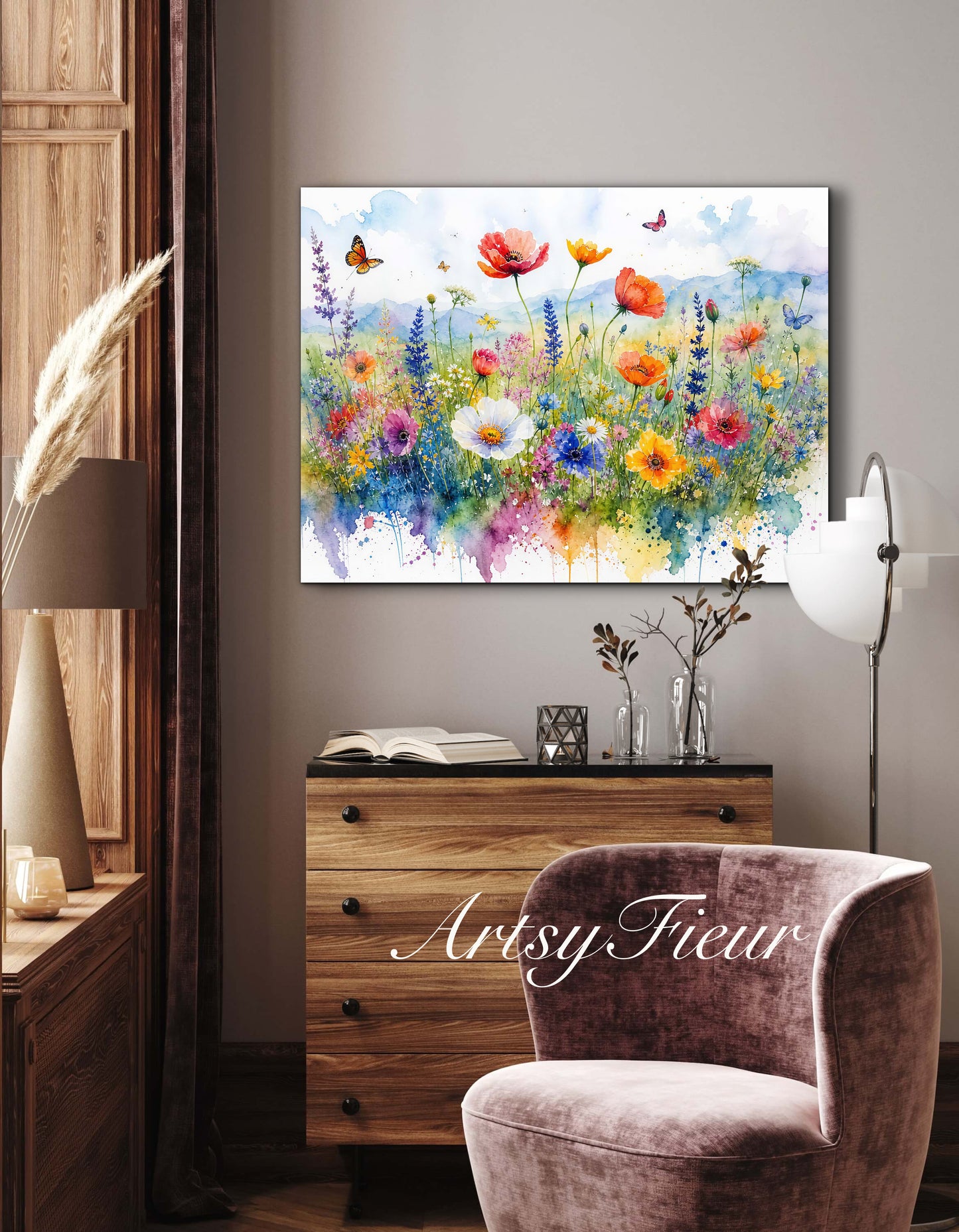 Framed canvas- ready to hang wall art print, beautiful vibrant colours watercolour fantasy painting wildflowers ,floral landscape, unique gift, one of a kind original artwork