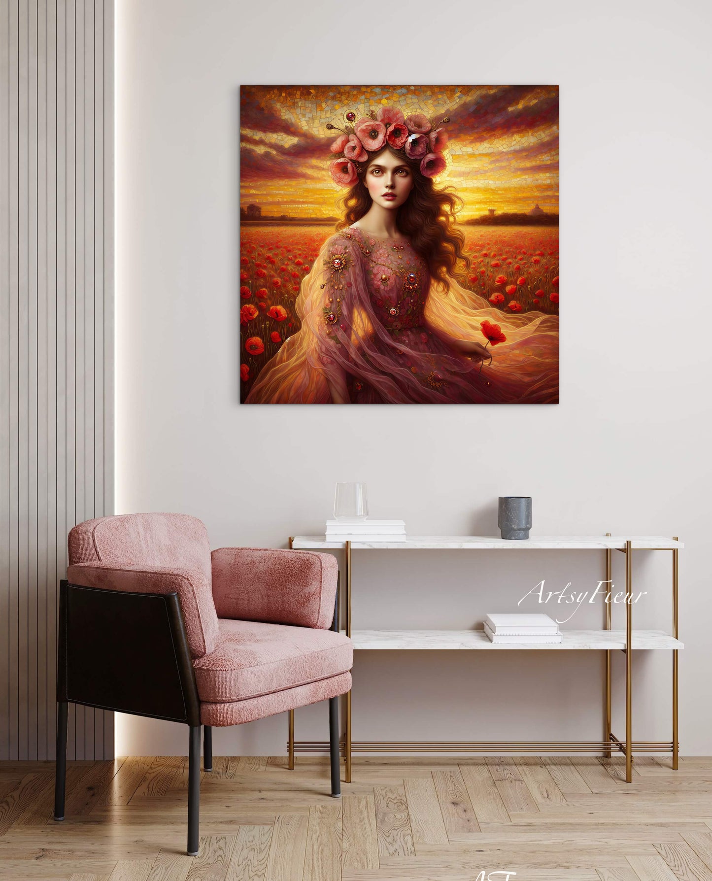 Framed canvas- Original Artwork Vibrant Poppies watercolour floral painting beautiful brunette woman ready to hang wall art print, abstract portrait